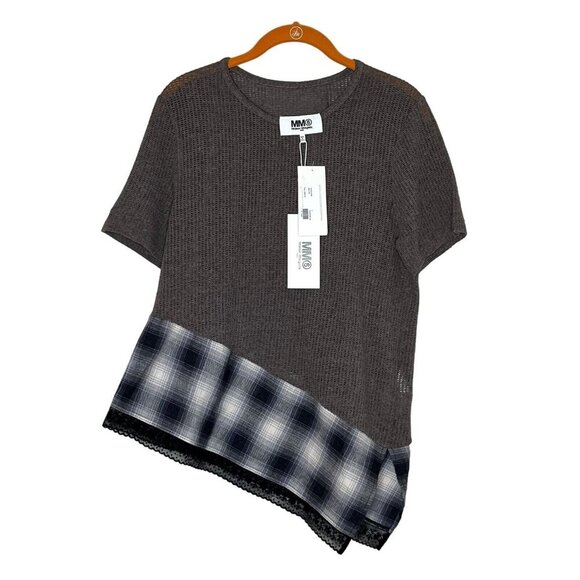 MM6 Maison Margiela Maxi Net Tunic Asymmetrical Hem Dove Gray Blue Check Print S - Picture 1 of 10